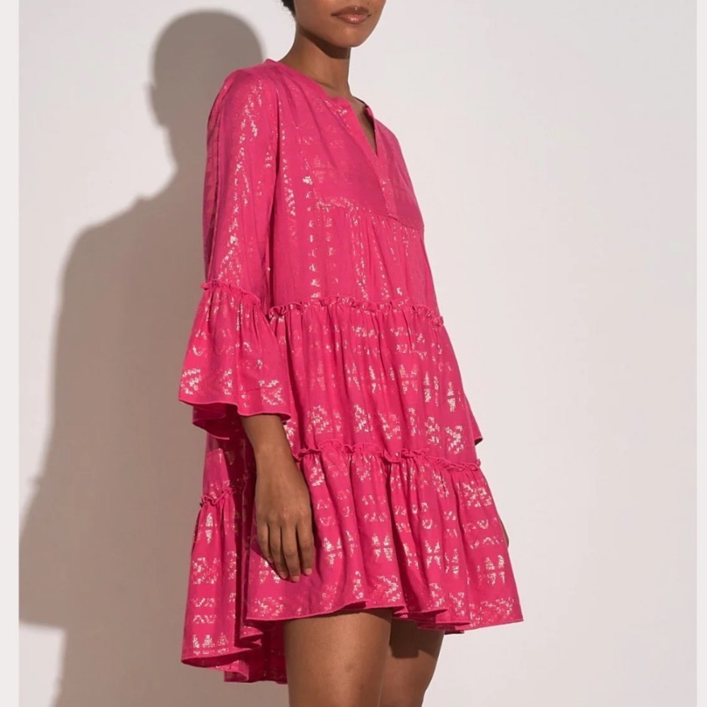 Elan Clara Pink‎ & Gold Foil Cotton Blend Tiered Bell Sleeve Dress Size Medium